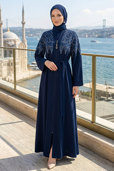 Neva Style Abaya Hijab bleumarin cu detaliu de broderie simetrică 29143L