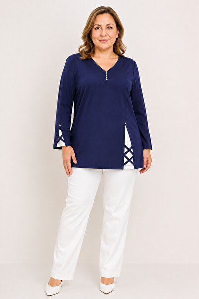 bihan store Women's V-Neck Cross-Piping Detailed Long Sleeve Combed Cotton Bl...