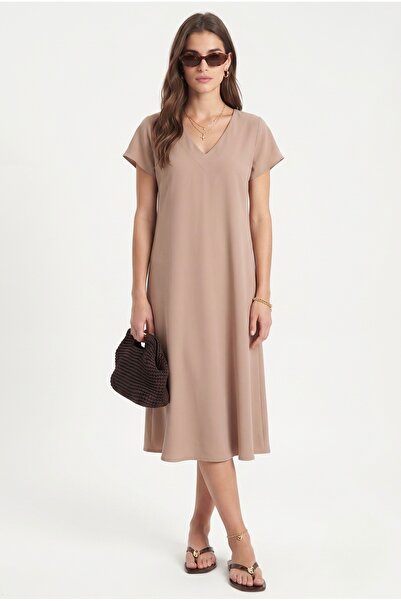 Ritnice Women's Luisa Beige Midi Length Bell Cut Viscose Dress