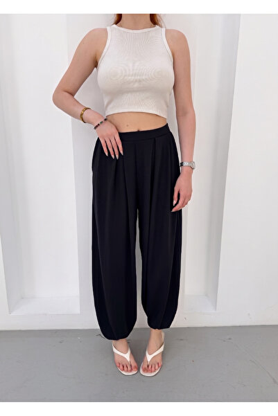 NEW JOURNAL Women's Black Elastic Waist Pleated Oysho Fabric Shalwar Trousers...