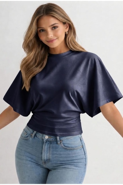FLEX FASHION Bluză-tricou de damă, cu mâneci largi, albastru închis, cu talie...