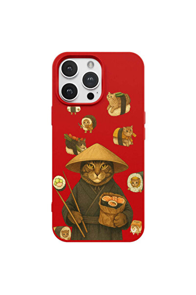 Casen iPhone 14 Pro Max Kırmızı Kedi Tasarımlı Gimbap Cat Renkli Silikon Tele...
