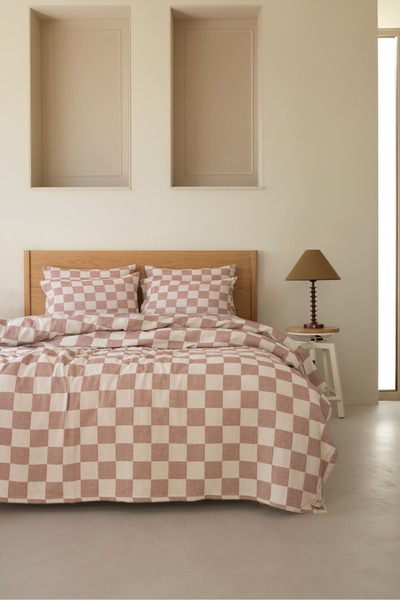 Bej Home Kareli Kiremit Renkli Çift Kişilik Yatak Örtüsü Seti %100 Pamuk 220*240