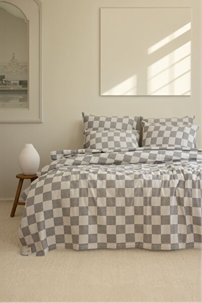 Bej Home طقم غطاء سرير مزدوج مربع الشكل باللون الرمادي 100% قطن 220*240