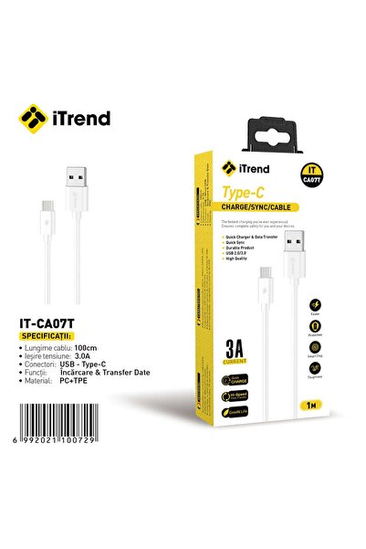itrend Cablu USB-A la USB-C iTrend, 1 m, Încărcare Rapidă 3A, PC + TPE, Alb