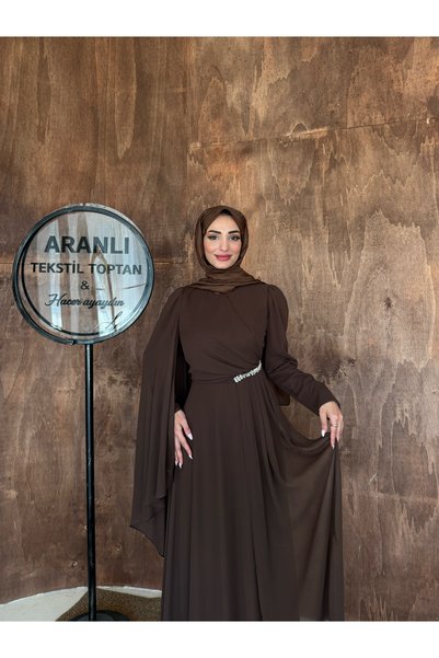 Aranlı tekstil Rochie de seară pentru femei Mine Şifon, cu un singur umăr și pelerină, stil Tesettür