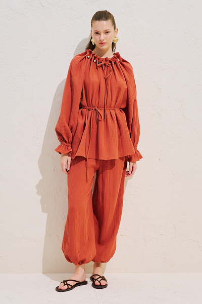 Manuka Cuffed Collar Muslin Blouse Orange