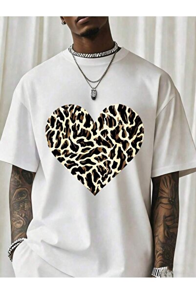 NOURAM Black T Shirt With Leopard Heart Print Men Fashion Casual Short Sleeve...