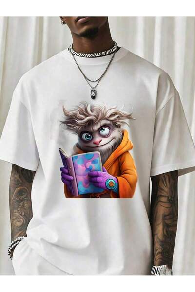 NOURAM Funny Cartoon Monster Reading Book Graphic T-Shirt Men's Casual Black ...