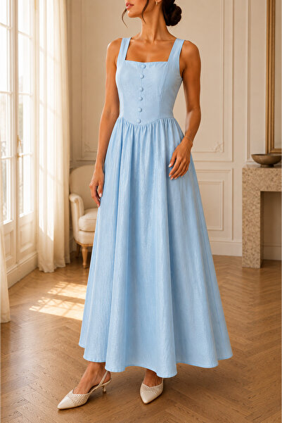 1434 Polo State Women's Square Collar Button Detailed Thick Strap Long Dress ...