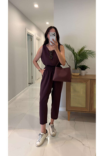 BİRCANÇİL Mone Bordo Tensel Kolsuz Bluz Pantolon Takım