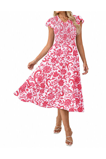 GRACE KARIN rochie de plajă midi florală, decolteu V, roșu, M