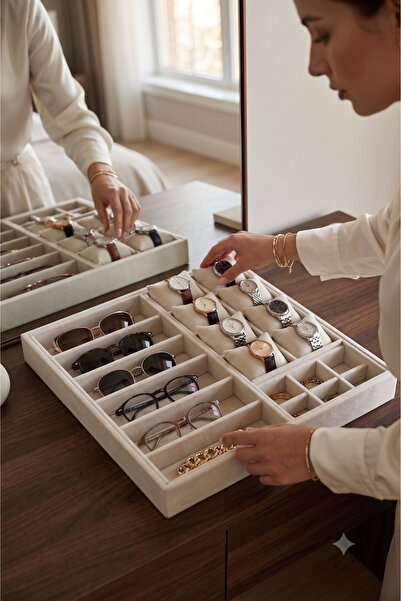 Jewelbox Cream Suede Glasses, Watch and Jewelry Organizer Tray 36X38X4.5 cm