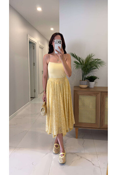 BİRCANÇİL Zillan Yellow Patterned Lined Skirt