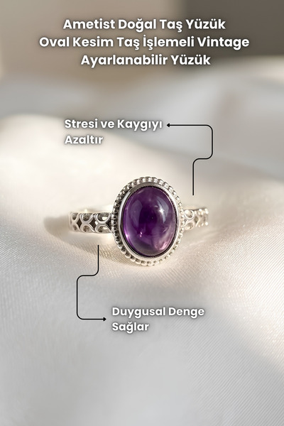 Elifsu Jewelry Ametist Natural Stone Ring Oval Cut Stone Inlaid Vintage Adjus...