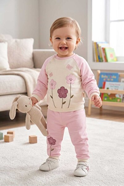 MyPrettyBaby طقم مكون من قطعتين للأطفال البنات، مطرز بتطريز زهور، بأكمام راجل...