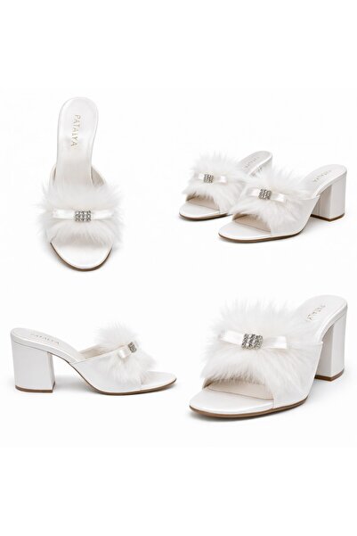 PATALYA Ecru Wedge Heel Stoned Goose Feather Women's Slippers 625