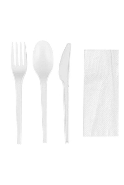 Duravel Plastic Cutlery Set, White, Fork Knife and Spoon with White Napkin, H...