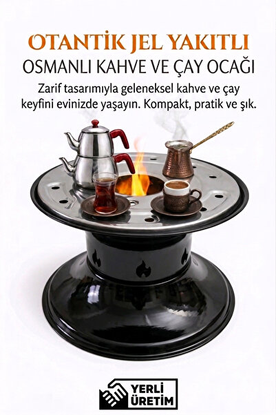 Siyah Otantik Jel Yakıtlı Osmanlı Kahve ve Çay Ocağı – Taşınabilir Kamp ve Ev Tipi Siyah Renk Ocak
