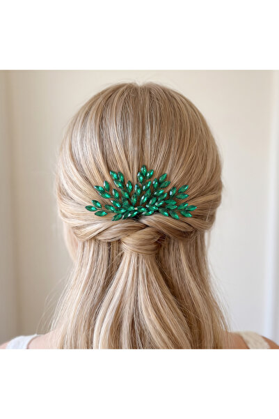 gelinmz Bridal Hair Comb with Green Crystal Leaf Design – Handmade Hair Acces...