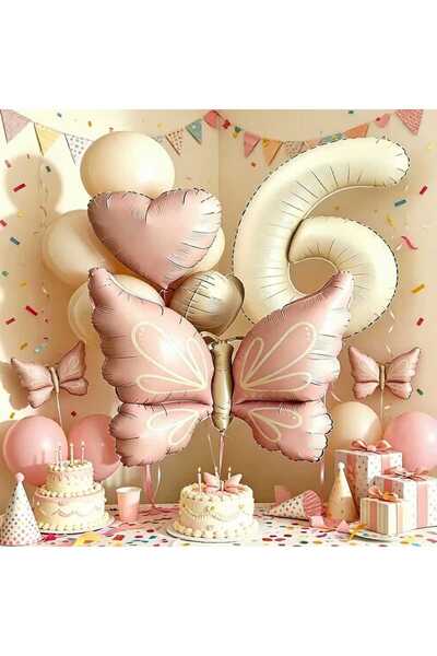 ÇITIPITISTORE Pink Butterfly Cream Number Birthday Party Balloons