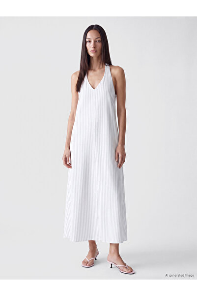 LC Waikiki Nevavm V-Neck Striped Linen Blend A-Line Dress with a Difference