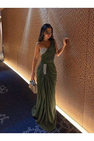 Bamah Olive Green Shinny Fabric Off Shoulder Long Gown Evening Dress Elegant ...
