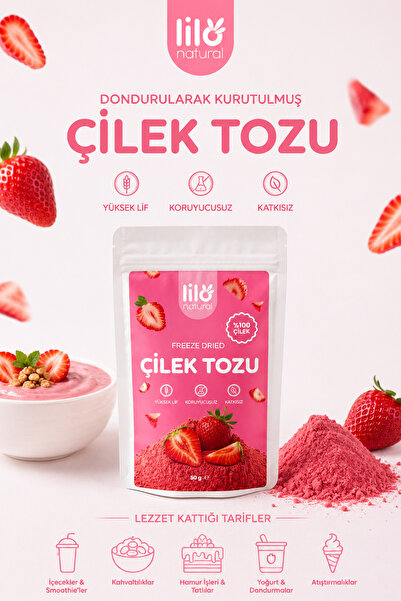 Lilo Natural Freeze Dried Çilek Tozu 50 g - %100 Çilek - Dondurularak Kurutulmuş Meyve Tozu