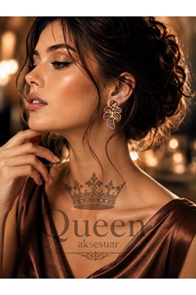 QUEEN AKSESUAR أقراط فاخرة من الفولاذ المقاوم للصدأ باللون البني اللامع والذه...