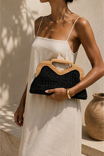 Nua Bags Hasır Görünümlü Ahşap Çerçeveli Siyah Clutch Çanta