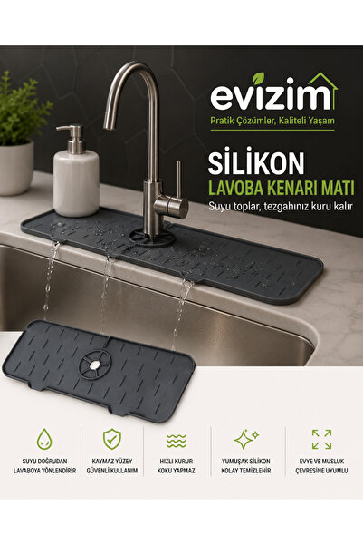 Evizim Silikon Mutfak Musluk Matı Lavabo Kenarı Su Sıçratmaz Kurutma ve Sıçra...