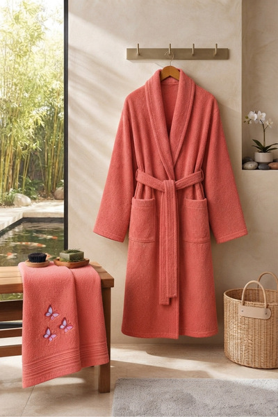 VENTİ VENTİSCA Cherri 100% Bamboo Unisex Shawl Collar Adult Bathrobe - Embroi...