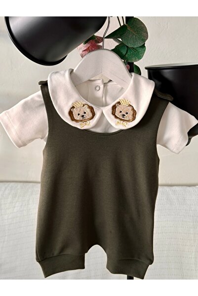 Mama Miel Baby Lion Embroidered Collar Detailed Bodysuit and Khaki Combed Cot...