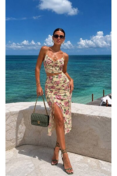 Miss Beyoğlu Women's Digital Print Slit Skirt and Blouse Double Set with Draw...