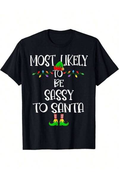 01THEONE تي شيرت نسائي أسود بطبعة 'Be Sassy To Santa' خفيف الوزن برقبة دائرية...