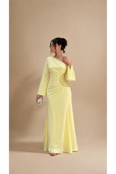 Mar style One-Shoulder Maxi Evening Dress with Embroidered Detail at the Waist