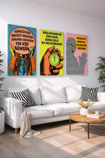 Mgi Design 3’lü Pop Art Kanvas Tablo Seti – Motivasyon Yazılı Modern Duvar De...