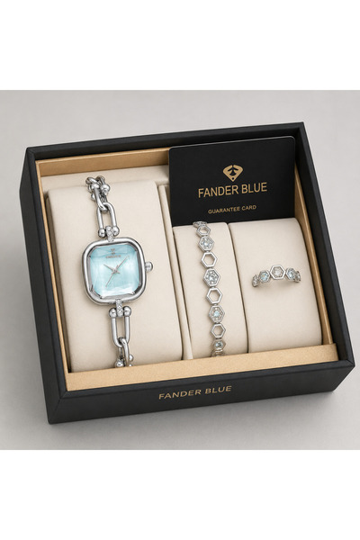 FANDER BLUE Luxury Women's Fender Blue Watch 3-Piece Set - Silver with Square...