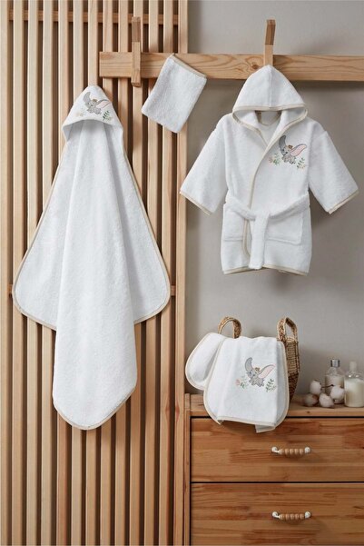 Özdilek Bambu Ashley Newborn Baby Bathrobe Set-Dumbo Circus White Beige Piping