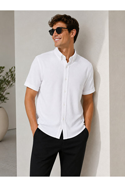 MASTIFF Erkek Beyaz Fitilli Kısa Kollu Gömlek – Slim Fit Düğmeli Yazlık Gömle...