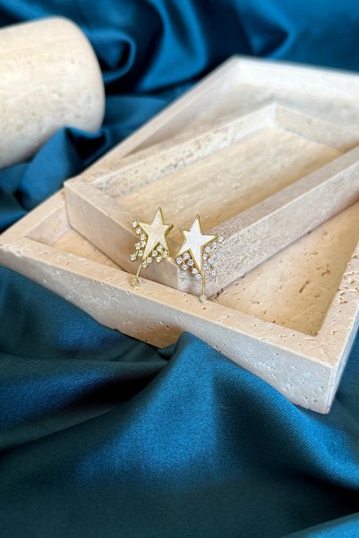 MOONİ ACCESSORİES Star Light Row Star Zircon Stone White Stone Model Gold Gold Color 316L Steel Women's Earrings