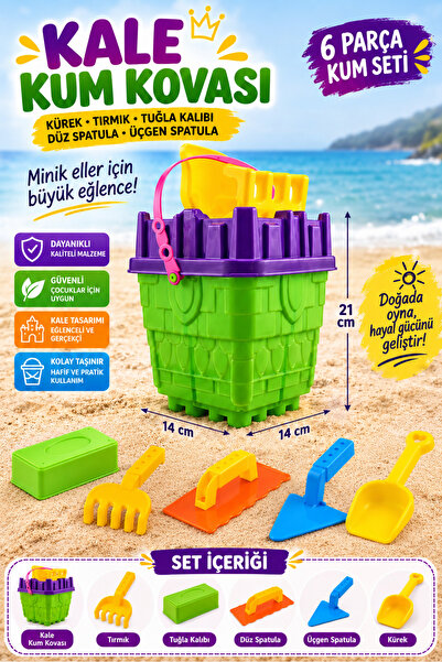 GÜZELYÜZ AVM Kale Kum Kova Seti 6 Parça Büyük Boy Aksesuarlı Kalıplı Spatulal...