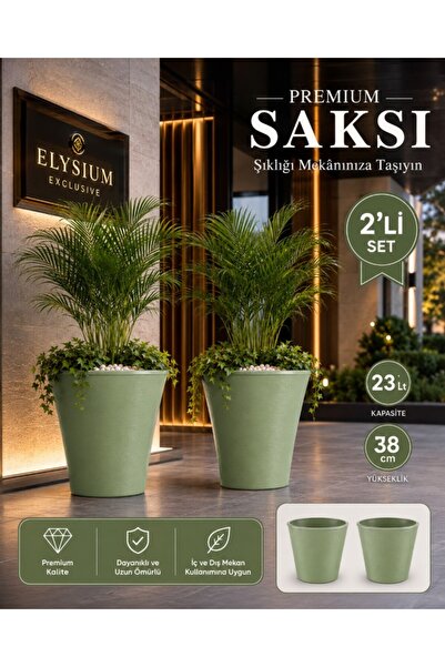 Hep İndirimli Beton Görünümlü Plastik Çiçek Saksısı 38 Cm 23 Litre 2li Set