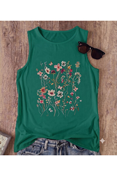 FAVORİST FLOWERS Γυναικείο βαμβακερό μπλουζάκι με μοτίβο (αμάνικο) καλοκαιριν...
