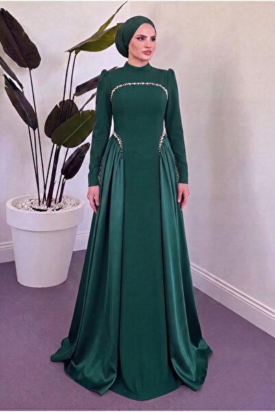 parla official Pearl Detailed Crepe and Satin Combination Flared Hijab Evenin...