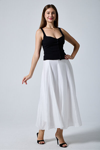 ŞEYDA ERTEM White Color Panel Sewn Flared Skirt with Zipper at the Waist