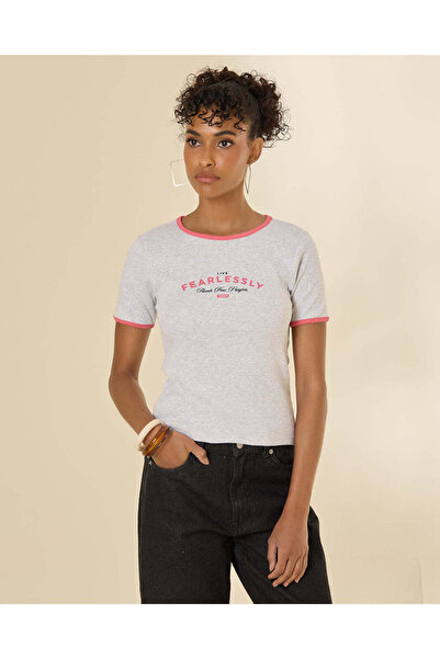 REDTAG Women Grey Contrast Rib Graphic T-Shirt