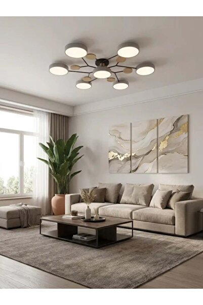 Generic SageLiving Modern Wood & Grey 6+1 Heads LED Ceiling Light - 84W Trico...