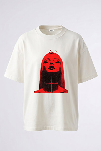 Anetos Gothic Inverted Cross Design Printed Oversize White T-Shirt