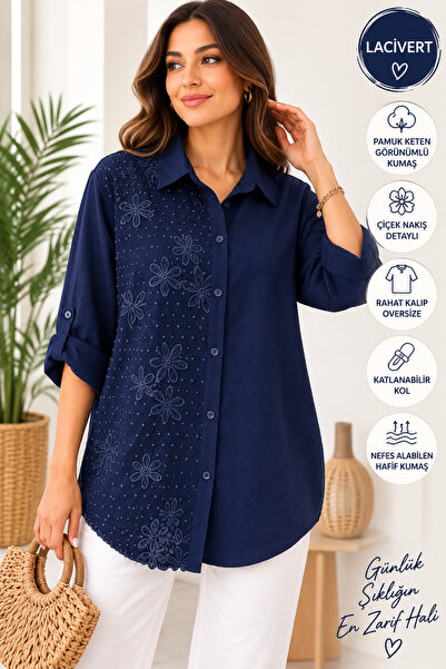 Kadın Çiçek Nakışlı Pamuk Keten Gömlek – Oversize Rahat Kalıp